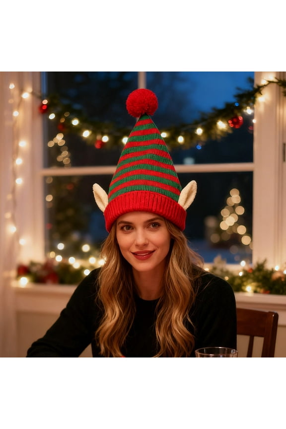 Christmas Elf Hat for Adults & Kids – Striped Knitted Holiday Beanie with Furry Pom Pom – Warm Winter Hat for Men & Women – Christmas Costume Accessory for Party & Daily Wear