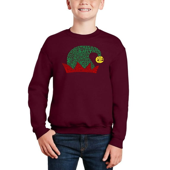 Christmas Elf Hat - Boy's Word Art Crewneck Sweatshirt