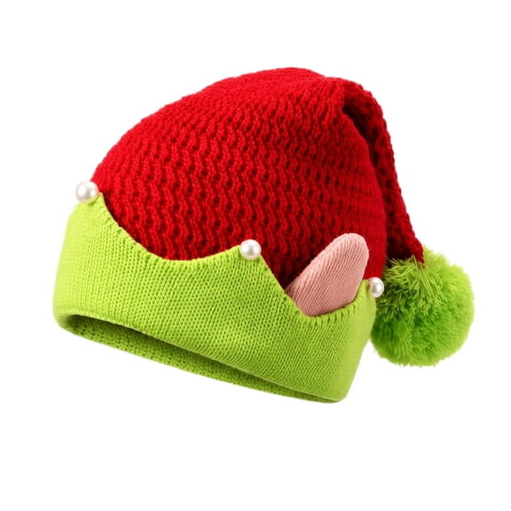 Christmas Elf Hat, Striped Knit Beanie with Pearl Elf Ears and Pom Pom, Holiday Ugly Sweater Winter Cap for Women Girls