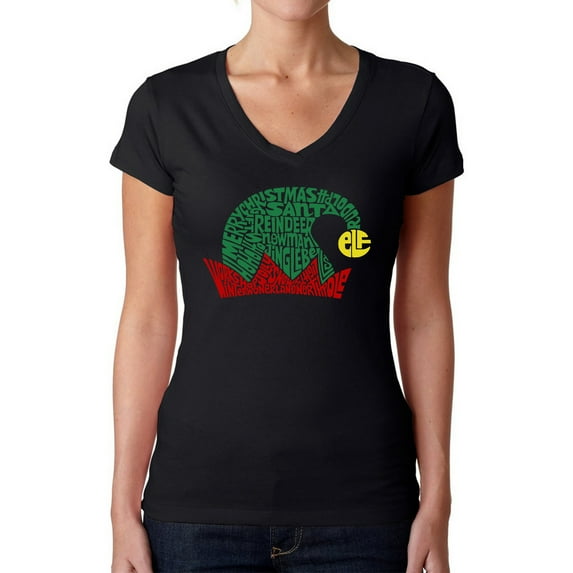 Christmas Elf Hat - Women's Word Art V-Neck T-Shirt
