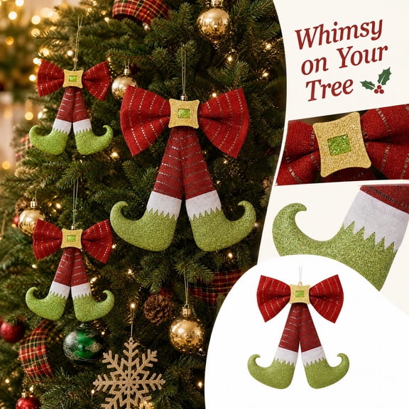 Christmas Elf Leg Bow Hanging Ornament, Festive Glitter Elf Boot Pendants with Bow Details for Holiday Tree Decoration and Wreath Display Green