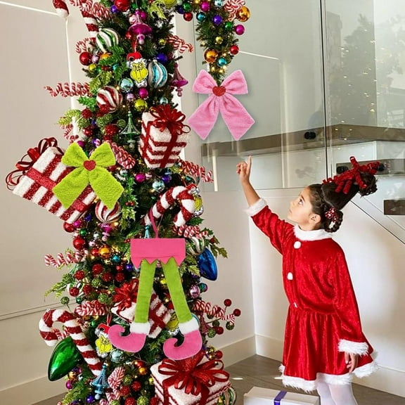 Christmas Elf Leg Car Decoration, 3 Pack Pink And Green Bow Ornaments Decor, Xmas Bow For Wreath, Holiday Lndoor Elf Legs Plush Hanging Decor, Christmas Tree Ornaments Decor