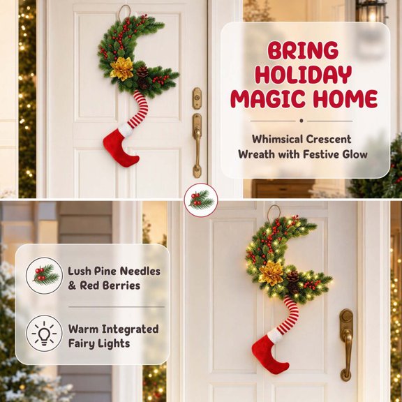 Christmas Elf Leg Moon Wreath 24.8 x 13.4in, Lighted Pine Berry Door Decor