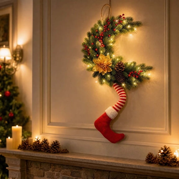Christmas Elf Leg Moonss Ornament with Lighted Pines, Twig, Berry, Pinecone - Multicolor Holiday Door Decor for Entryway Home Festive Scene Layout