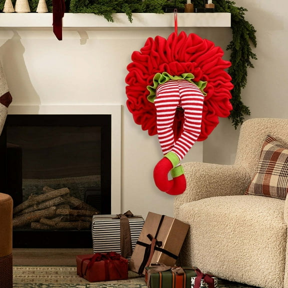 Christmas Elf Leg Wreath Hanging Decoration with Plush Stuffed Legs, Funny Xmas Ornament for Front Door Wall Mantle and Tree Decor, Festive Holiday Home Party Decor,Christmas Decorations