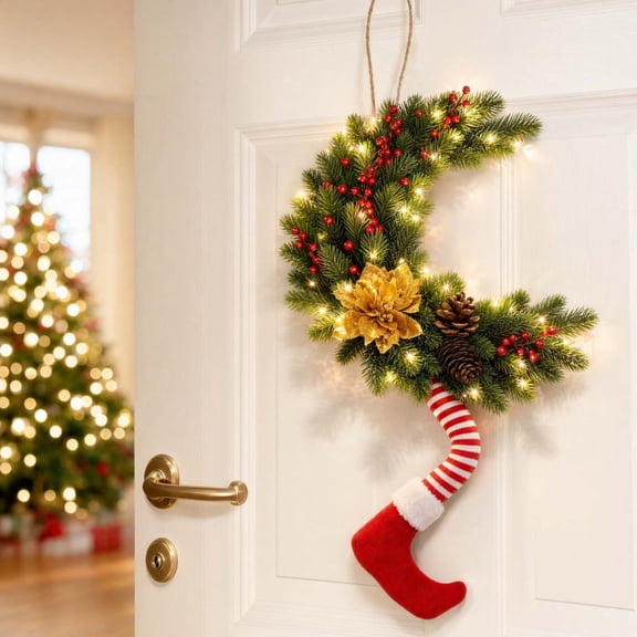 Christmas Elf Leg Wreath, Lighted Crescent Moon Hanging Decoration with Pine Berries, LED Christmas Door Mantel Decor