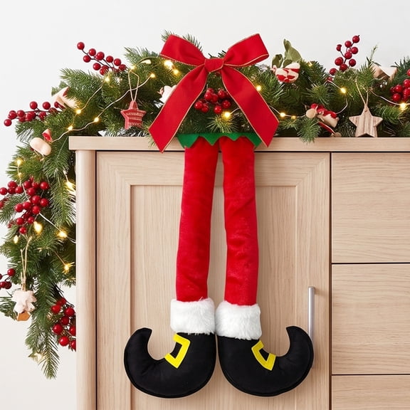 Christmas Elf Legs Tree Decoration, Red, Elf Design, Striped Stuffed Holiday Tree Insert, for Christmas Tree, Wreath, Mantel, Front Door, Party and Festive Home Decor
