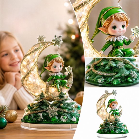 Christmas Elf Light Up Decoration, Glittery Moon with Christmas Tree Base, 1 Piece, Green, for Bedroom, Night Light Figurine