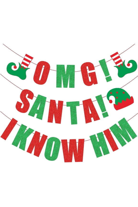 Christmas The Elf Movie Decorations, OMG Santa I Know Him Banner Red Green Glitter, Buddy The Elf Party Decor, Let's Get Elfed Up Party Decor, Buddy The Elf Christmas Mantle Home Decorations