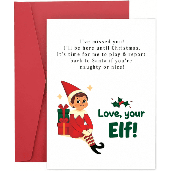 Christmas Elf Note Card "I've Missed You!" Message Cute Elf Design with Envelope Included Perfect for Holiday Greetings, Gifts, and Seasonal Cheer