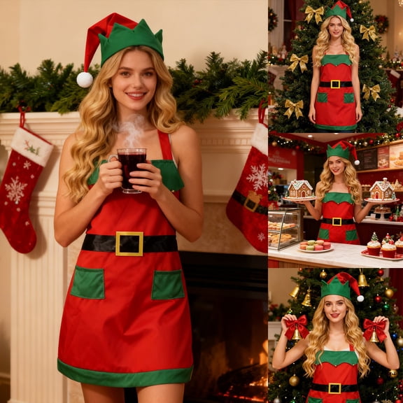 Christmas Elf Outfits Set Elegant Apron Clothes With Matching Hat For Holiday Festive Party Party Theme Dinner Red One Size