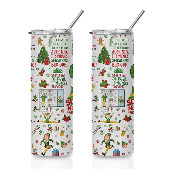 Christmas Elf Pattern Stainless Steel Skinny Tumbler, Double-Wall Insulated Travel Cup with Lid & Straw