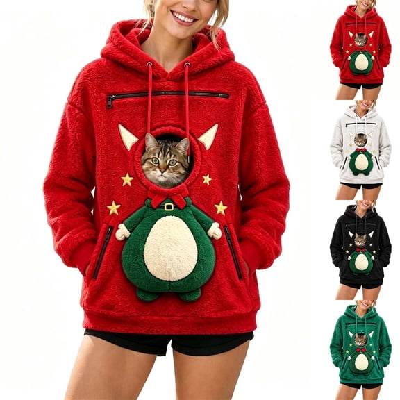 Christmas Elf Pet Pocket Hoodie for Women, Fall Winter Plush Fleece Long Sleeve Relaxed Cozy Tops for Cat & Dog Carrier, S-XXL