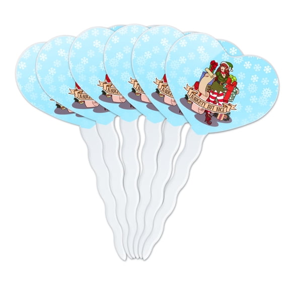 Christmas Elf Pin Up Naughty But Nice Heart Love Cupcake Picks Toppers Decoration Set of 6