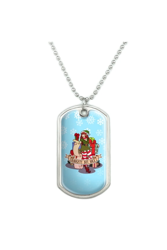 Christmas Elf Pin Up Naughty But Nice Military Dog Tag Pendant Necklace with Chain