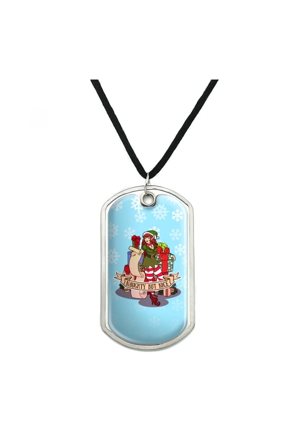 Christmas Elf Pin Up Naughty But Nice Military Dog Tag Pendant Necklace with Cord