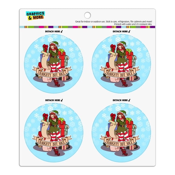 Christmas Elf Pin Up Naughty But Nice Refrigerator Fridge Locker Vinyl Circle Magnet Set