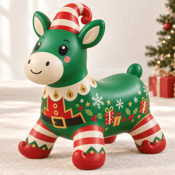 Christmas Elf Pony Animal Hopper, Cute Inflatable Green Holiday Pony Toy with Striped Elf Hat and Festive Present Patterns, Bouncy Ride-On Character Toy for Kids Christmas Pretend Play Gift