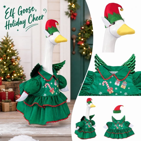 Christmas Elf Porch Goose Outfit for 23 Inch Goose Statue, Green Layered Dress Costume Set with Elf Hat and Wing Decor, Outdoor Lawn Yard Holiday Garden Decoration