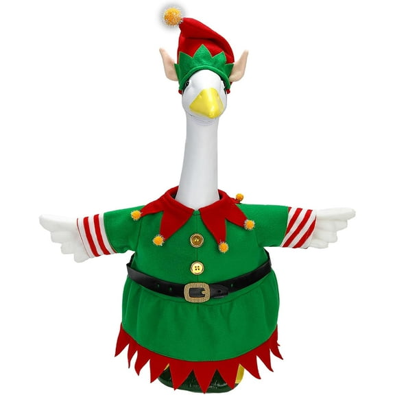 Christmas Elf Porch Goose Outfits for 23 Inch Lawn Statue, Costume for Plastic/Cement Goose Statue, Xmas Sculpture Clothes for Holiday Garden Yard Patio Party Decoration