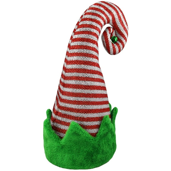 Christmas Elf Red Green Striped Shiny Hat Bell Santa Helper Costume Accessory