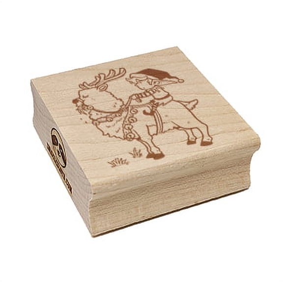 Christmas Elf Riding Hungry Reindeer Square Rubber Stamp Stamping Scrapbooking Crafting - Small 1.25in
