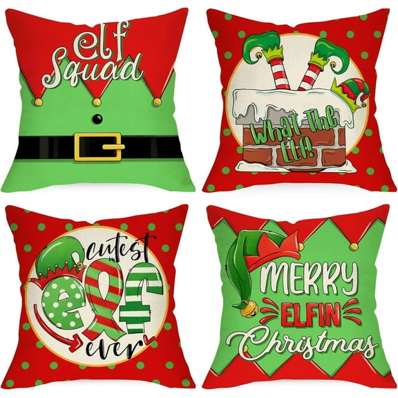 Christmas Elf Squad Decorative Throw Pillow Covers, Merry Elfin Xmas Chimney Polka Dots Gifts Home Decoration, Winter Holiday Cushion Case for Sofa Couch Decor Cotton Linen 20 x 20