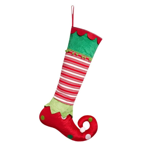 Christmas Elf Stocking, Large Red and Green Striped Holiday Stocking with Curled Toe, Decorative Hanging Ornament for Fireplace Mantel