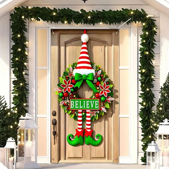 Christmas Elf Wreath Door Cover 71x35 Inch Holiday Front Porch Door Banners Decoration Green Hat Red Bow Striped Legs Background Hanging Banner for Indoor Outdoor Xmas Party Decor