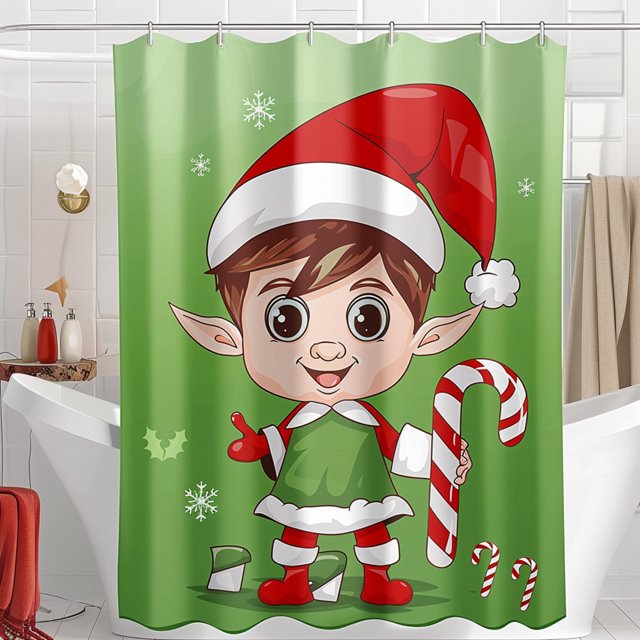Christmas Elf with Candy Cane Cartoon Shower Curtain Green and White