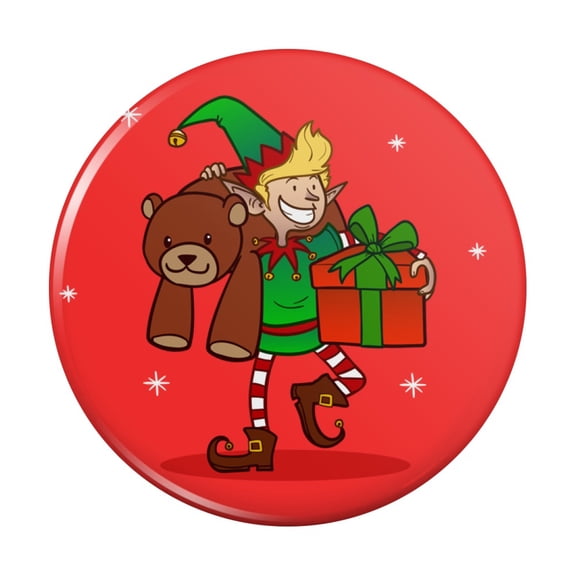 Christmas Elf with Presents and Gifts Kitchen Refrigerator Locker Button Magnet