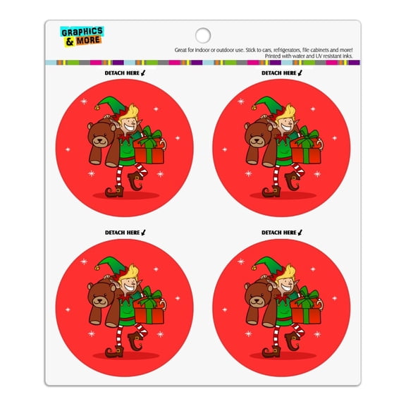 Christmas Elf with Presents and Gifts Refrigerator Fridge Locker Vinyl Circle Magnet Set