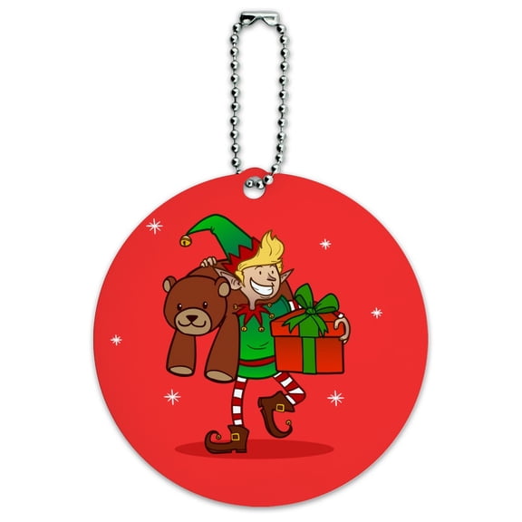 Christmas Elf with Presents and Gifts Round Luggage ID Tag Card Suitcase Carry-On