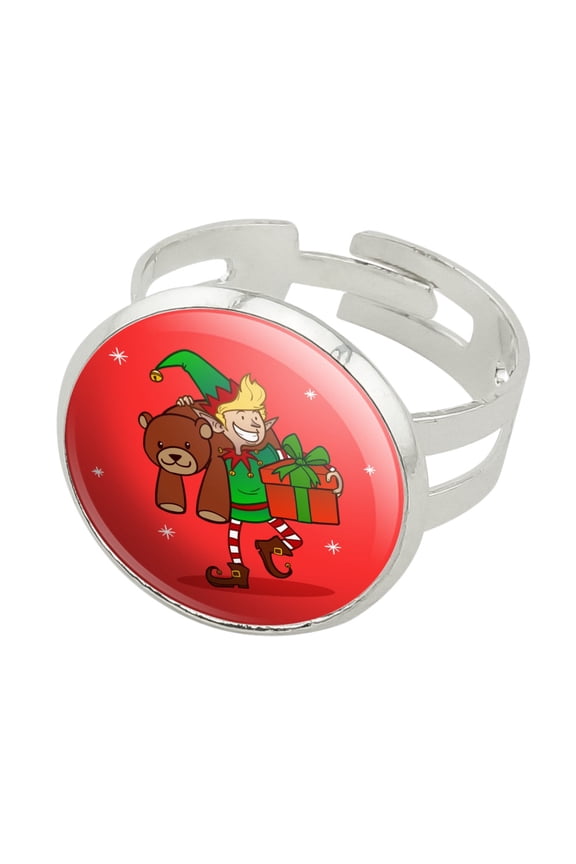 Christmas Elf with Presents and Gifts Silver Plated Adjustable Novelty Ring