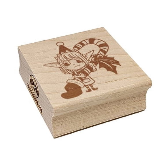 Christmas Elf with Stocking and Candy Cane Square Rubber Stamp Stamping Scrapbooking Crafting - Large 2.75in