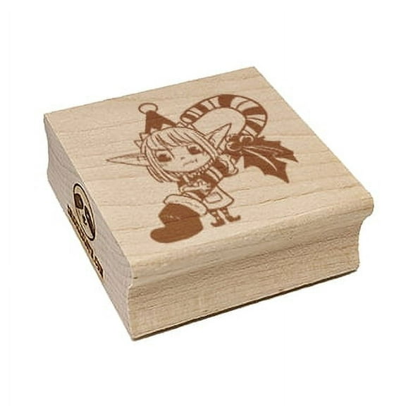 Christmas Elf with Stocking and Candy Cane Square Rubber Stamp Stamping Scrapbooking Crafting - Small 1.25in
