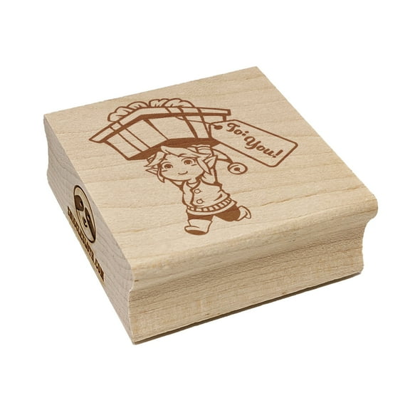 Christmas Elf with a Gift for You Square Rubber Stamp Stamping Scrapbooking Crafting - Small 1.25in