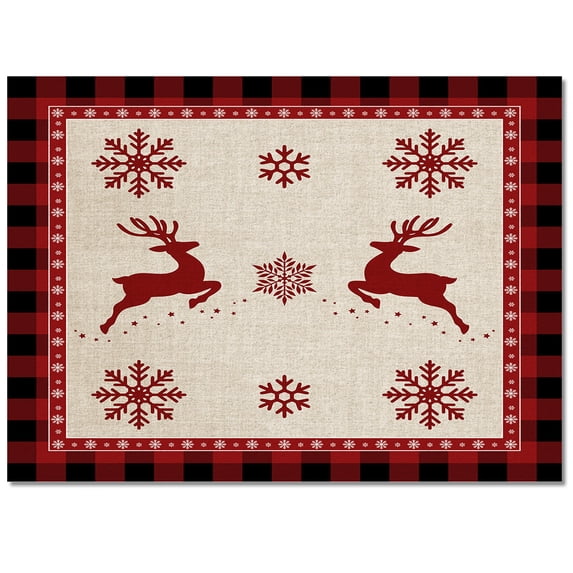Christmas Elk Area Rug 5x7ft Snowflake Red Black Buffalo Plaid Non-Slip Washable Square Rugs Soft Felt Indoor Floor Mat for Bedroom Kitchen Living Room Bathroom