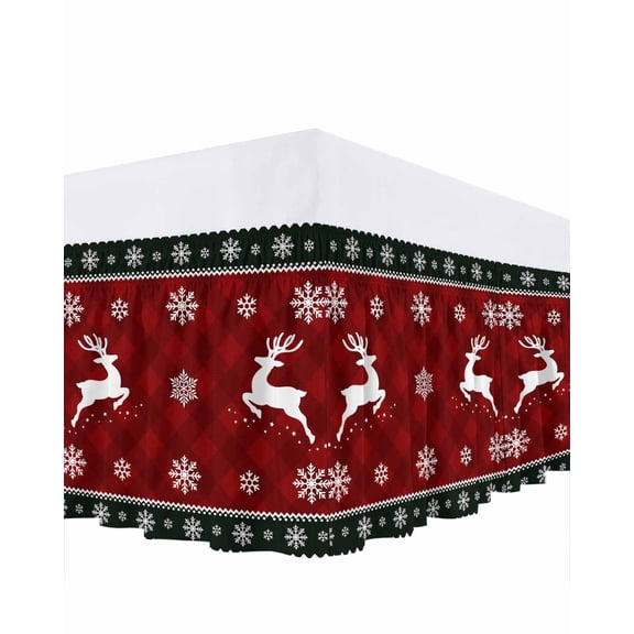 Christmas Elk Bed Skirt Queen Size 16 Inch Drop, Dreamlike Snowflake Border Wrap Around Dust Ruffle Bedskirts, Wrinkle & Fade Resistant Easy Fit Bedskirt with Adjustable Elastic