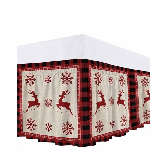 Christmas Elk Bed Skirt Snowflake Red Black Buffalo Plaid Bed Skirts Queen Size 16 Inch Drop, Wrap Around Dust Ruffle&nbsp;Bedskirt with Adjustable Elastic Belt for Queen Size Beds