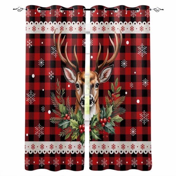 Christmas Elk Black Out Curtains 63 Inch Long, Room Darkening Draperies Curtains Panels, Red Black Checkered Snowflake Thermal Insulated Curtain for Bedroom Living Room 52"x63" 2 Panels