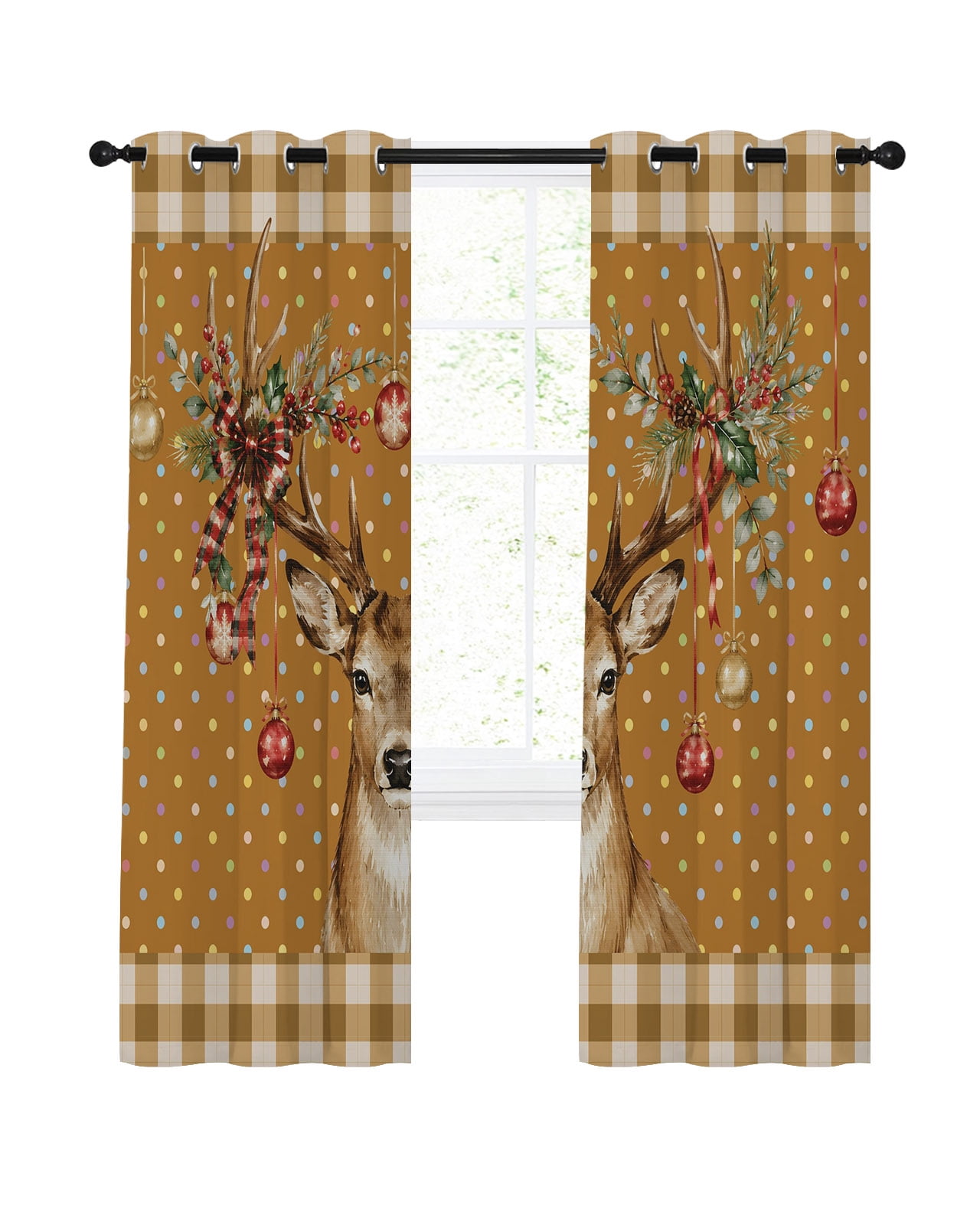 Christmas Elk Blackout Curtains 63 Inches Length, Xmas Ball Botanical ...