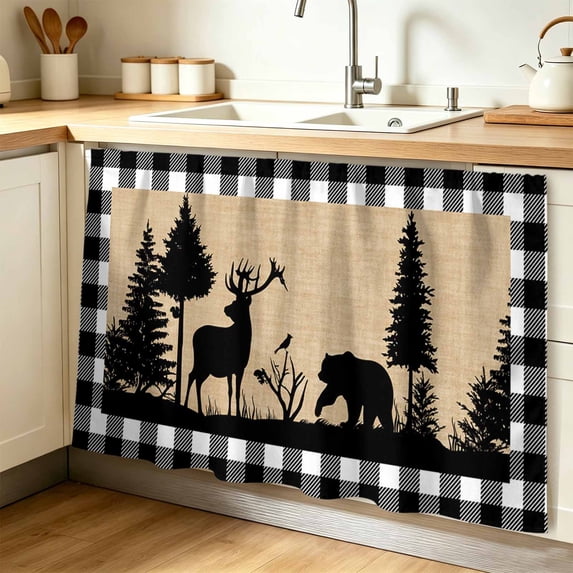 Christmas Elk Cabinet Curtain 32"Wx55"L, Dustproof Pantry Door Curtain with Self Adhesive Tape, Xmas Tree White Black Buffalo Plaid Tall Storage Cover Privacy Drape for Bathroom Kitchen Laundry Room