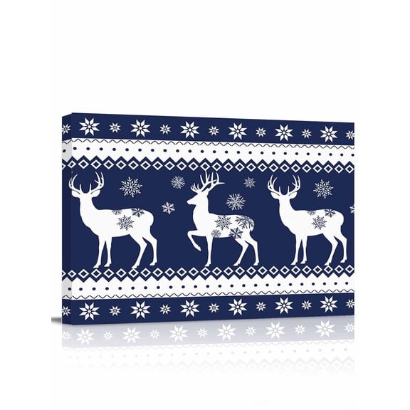 Christmas Elk Canvas Print Wall Art Winter Deep Blue Snowflakes Vintage Pictures Painting Morden Artwork for Living Room Bedroom, Ready to Hang - 12"x16"