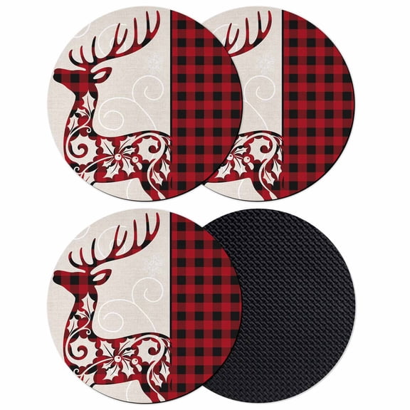 Christmas Elk Coasters Set of 4, Absorbent Coasters for Drinks, Red Black Checkered Deer Winter Holiday Coaster for Desk Coffee Table Protection, Home Decor House Warming Gifts 4"