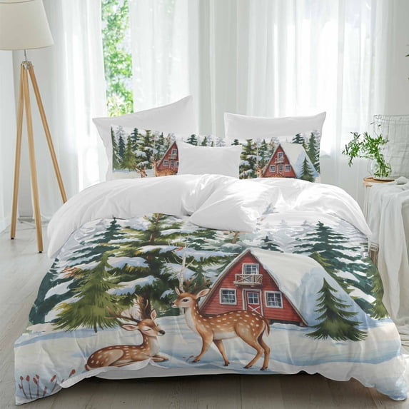 Christmas Elk Comforter Set Full Size, Animal Chalet Pine Tree Forest Winter Snow Scene Soft Bedding Set for Man Woman, 4 Pieces Duvet Cover Set with Fitted Sheet, 2 Pillowcases