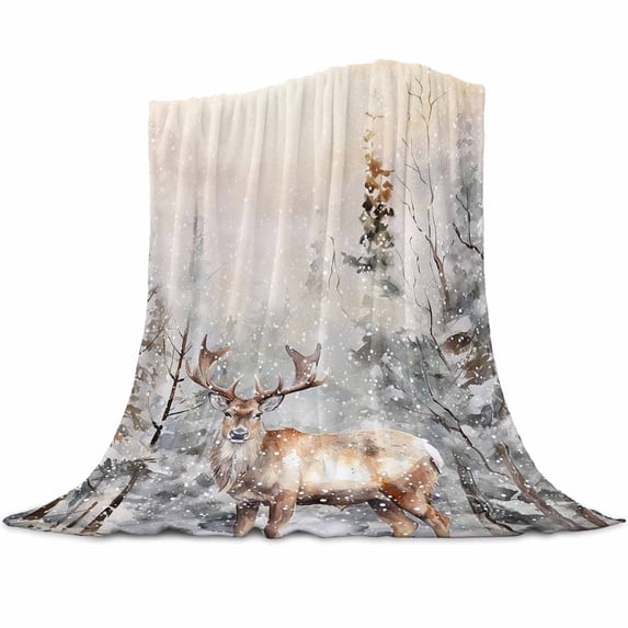 Christmas Elk Flannel Blanket for Bed,Travel and Camping, Snow Covered Forest Snowscape Watercolor Super Soft Cozy Blanket for All Seasons 50"x60"