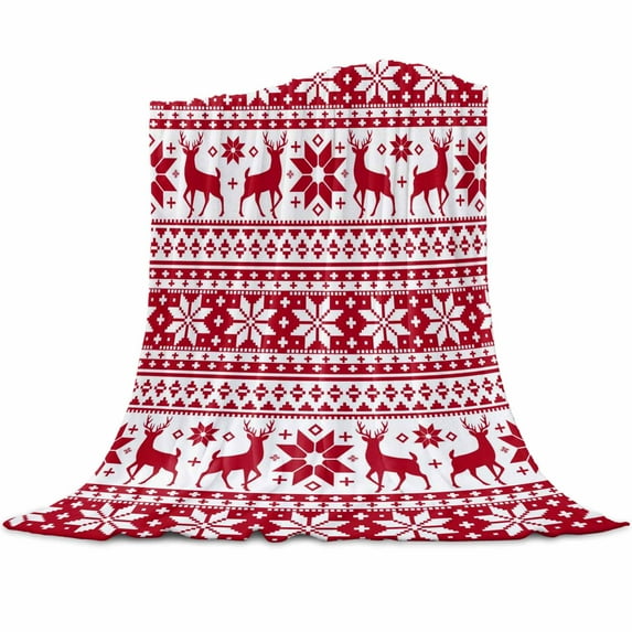 Christmas Elk Flannel Blanket for Bed,Travel and Camping, Snowflakes Red Retro Texture Super Soft Cozy Blanket for All Seasons 32"x48"