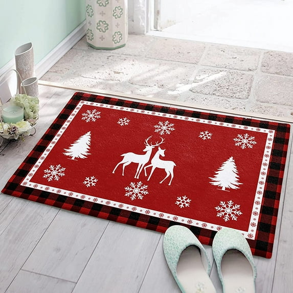 Christmas Elk Furry Door Mat Fluffy Area Rug Non-Slip Absorbent Bathroom Rugs, Red Black Plaid Winter Snowflake Xmas Tree Washable Indoor Carpet Runner for Bedroom Laundry 18x30inch