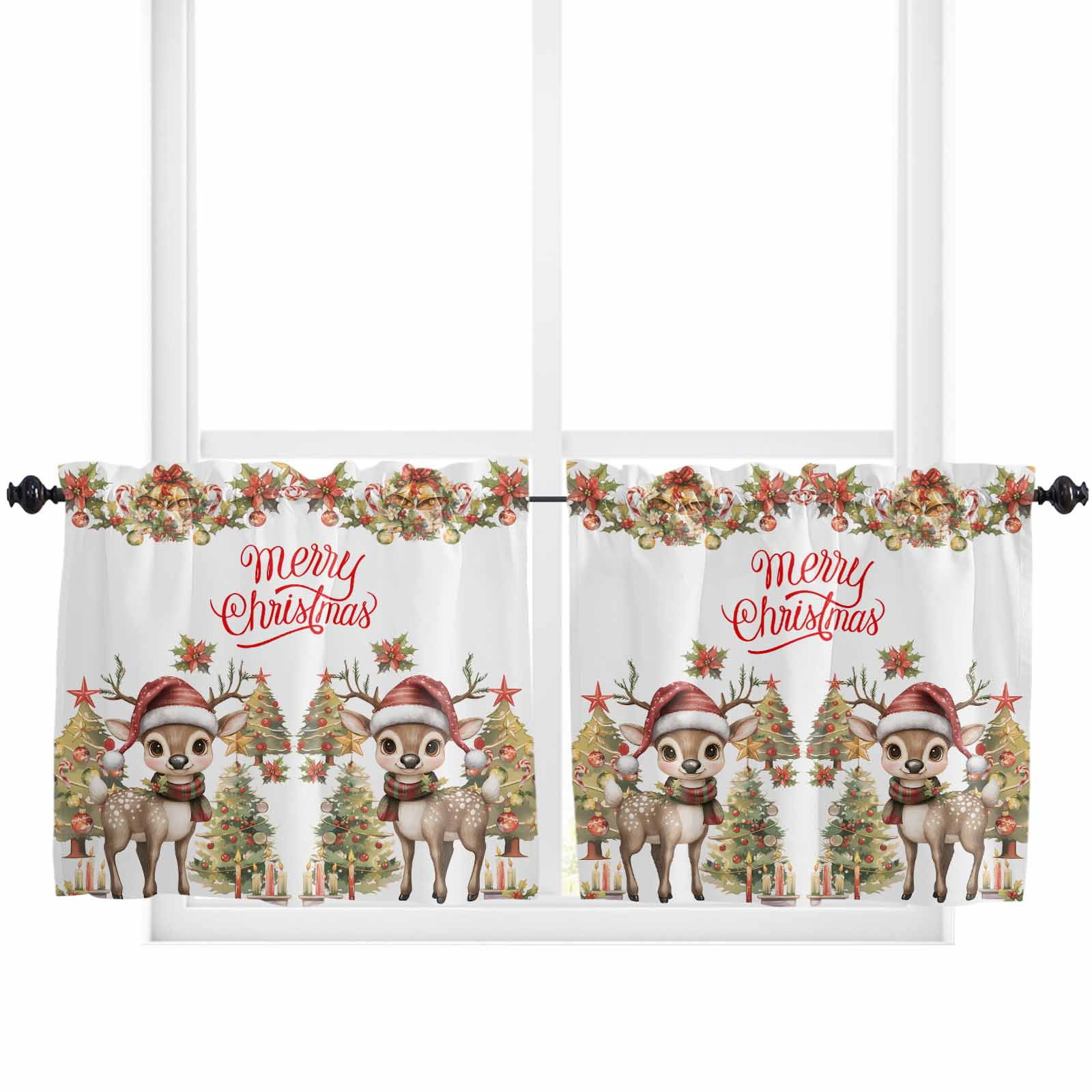 Christmas Elk Kitchen Curtain 2 Panels Tiers Curtains 24 Inch Length ...